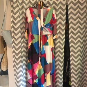 V Neck 3/4 Sleeve Geometric Print Maxi with Belt